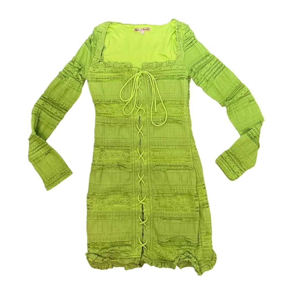 Bailey Rose Lime Green Lace Tiered Lace-Up Front Mini Dress BRD2334 Womens Small